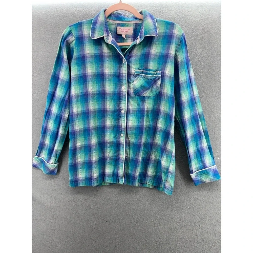 Victoria's Secret Pajama Set Women Small Teal‎ Purple Plaid Metallic
